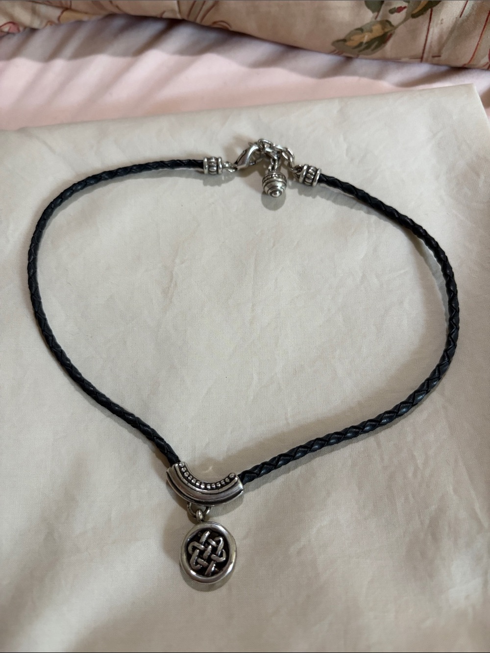 Brighton Black Braided Leather Necklace with Silver Celtic Pendant